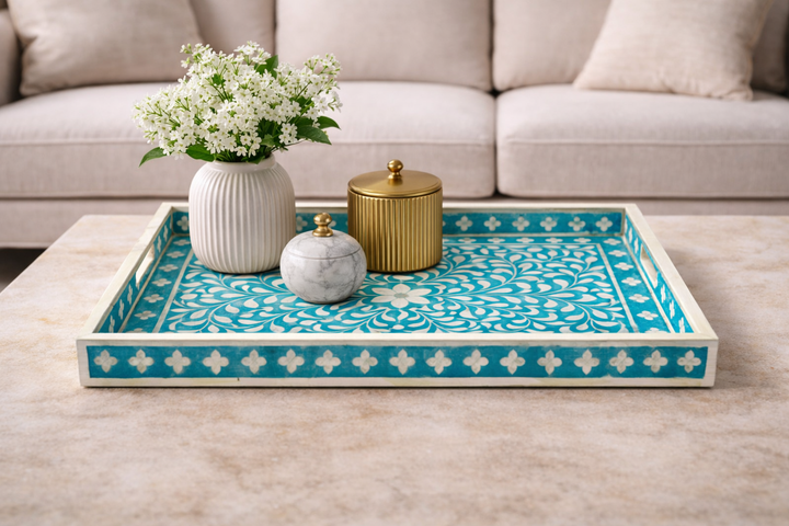 Jodha Bone Inlay Rectangular Tray : Floral: Turquoise