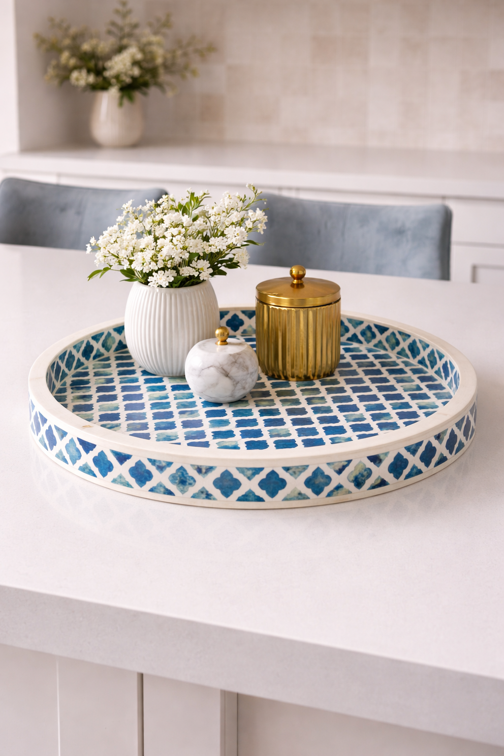 Jodha Dyed Bone Inlay Round Tray : Moroccan : Blue