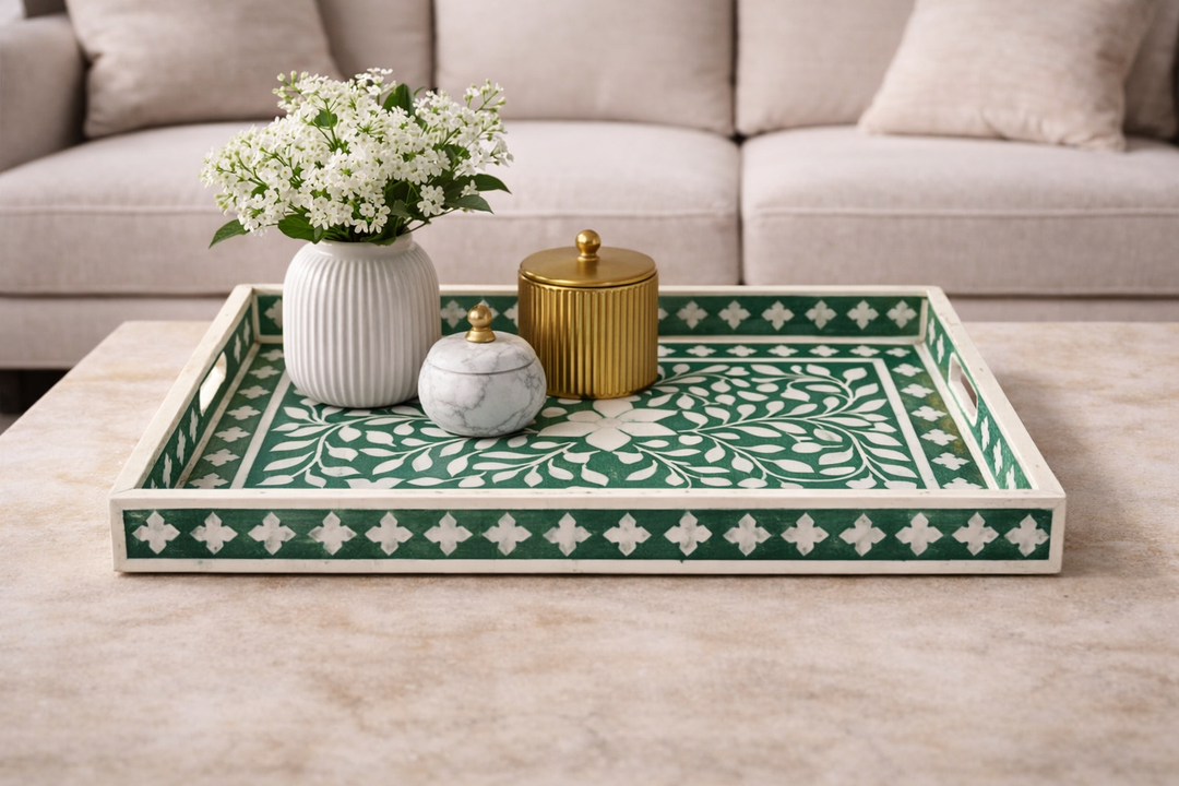 Jodha Rectangular Tray In Bone Inlay : Floral : Hunter