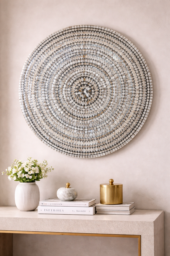 Celestial Harmony: Handcrafted Round Mother of Pearl Wall Art by Jodha