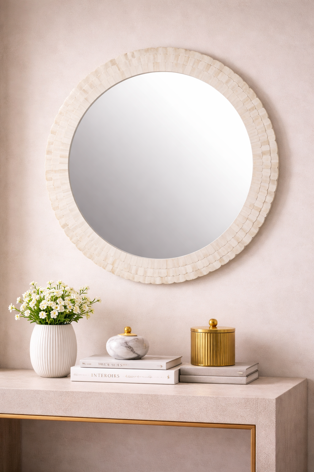 Jodha Round Seashell White Wall Mirror In Bone Inlay