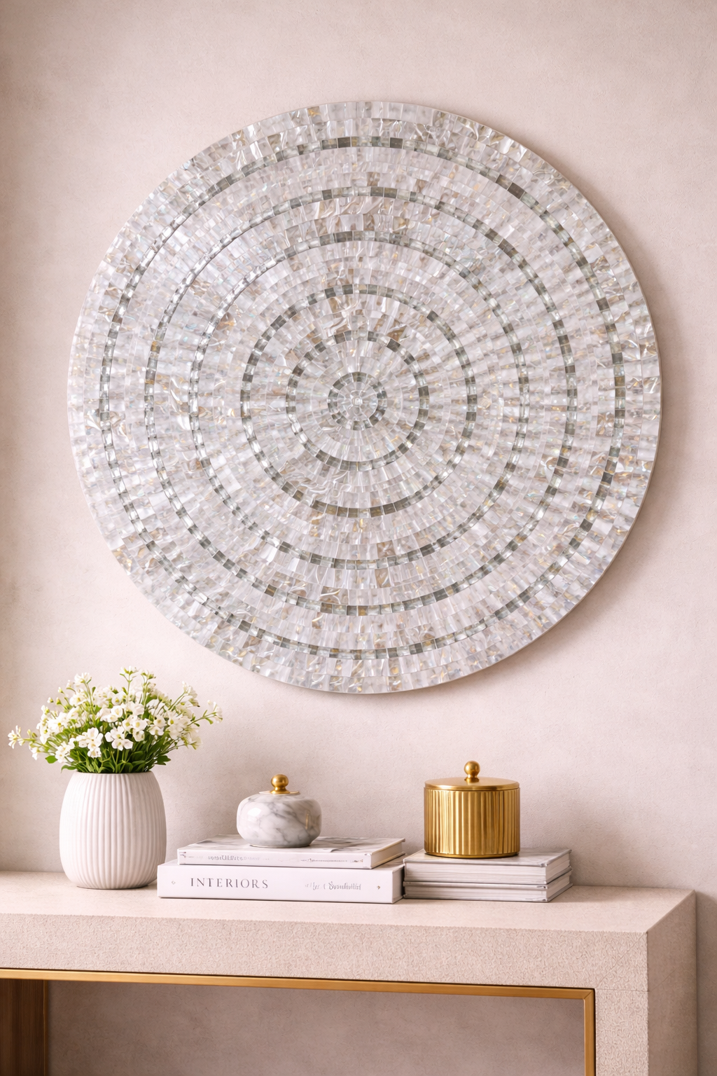 Lunar Serenade: Handcrafted Round Mother of Pearl Wall Art by Jodha