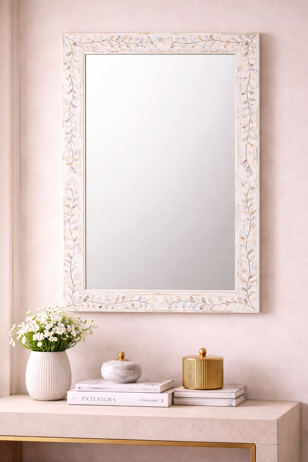 Jodha Rectangular Floral White Wall Mirror In Mother of Pearl