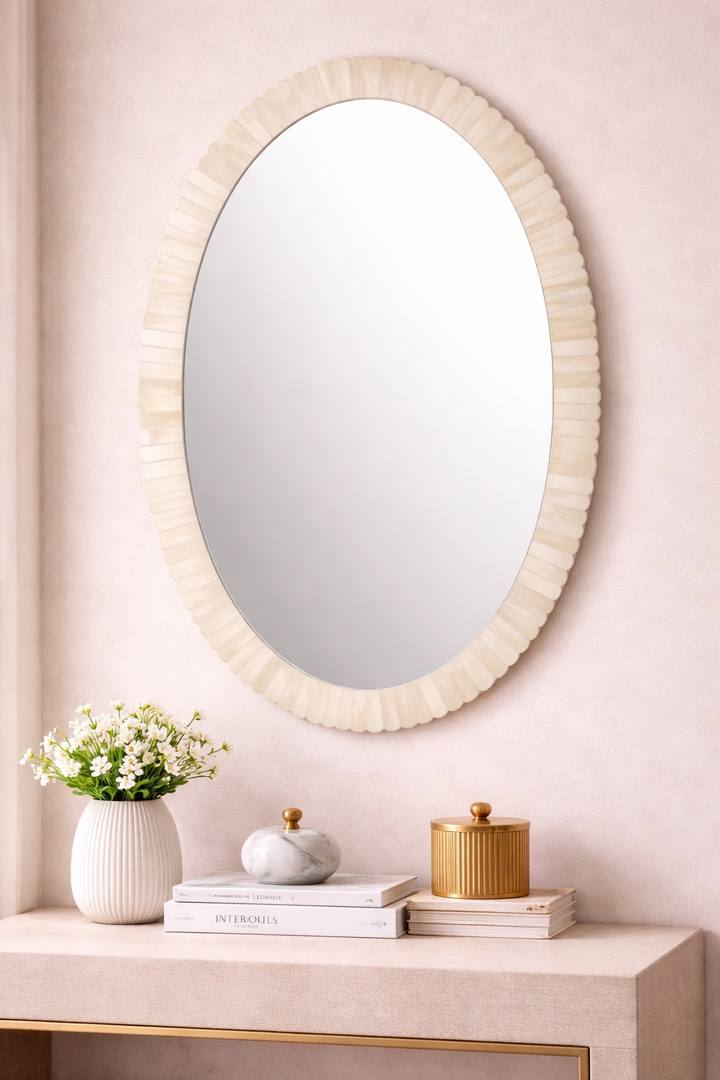 Bone Inlay Oval Mirror : Seashell : White