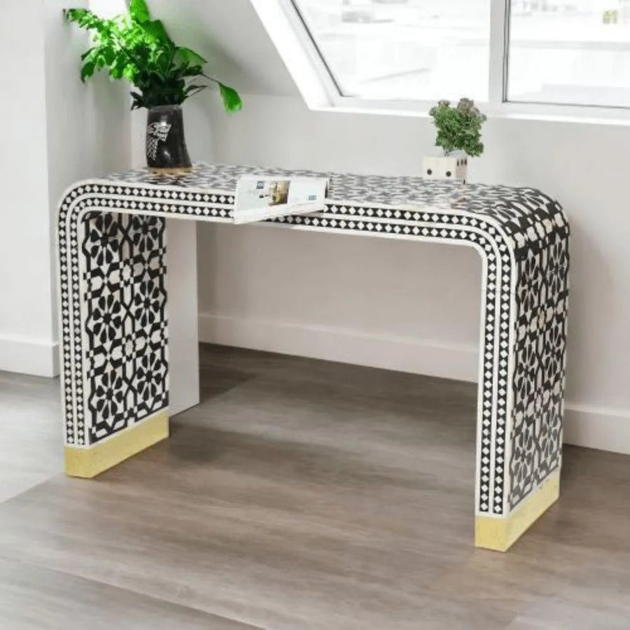 Arabesque Bone Inlay Waterfall Console in Black - Jodha Furniture