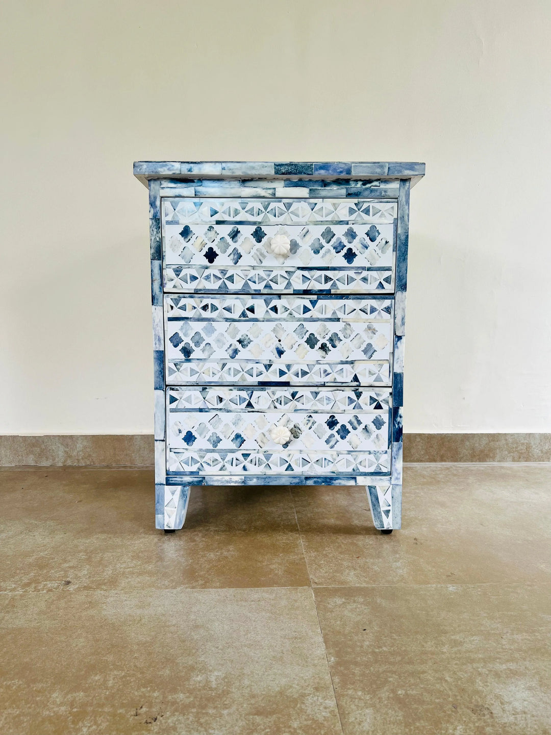 Azure Elegance: Bone Inlay Bedside Table - Jodha Furniture