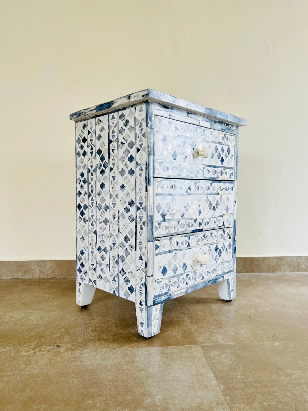 Azure Elegance: Bone Inlay Bedside Table - Jodha Furniture