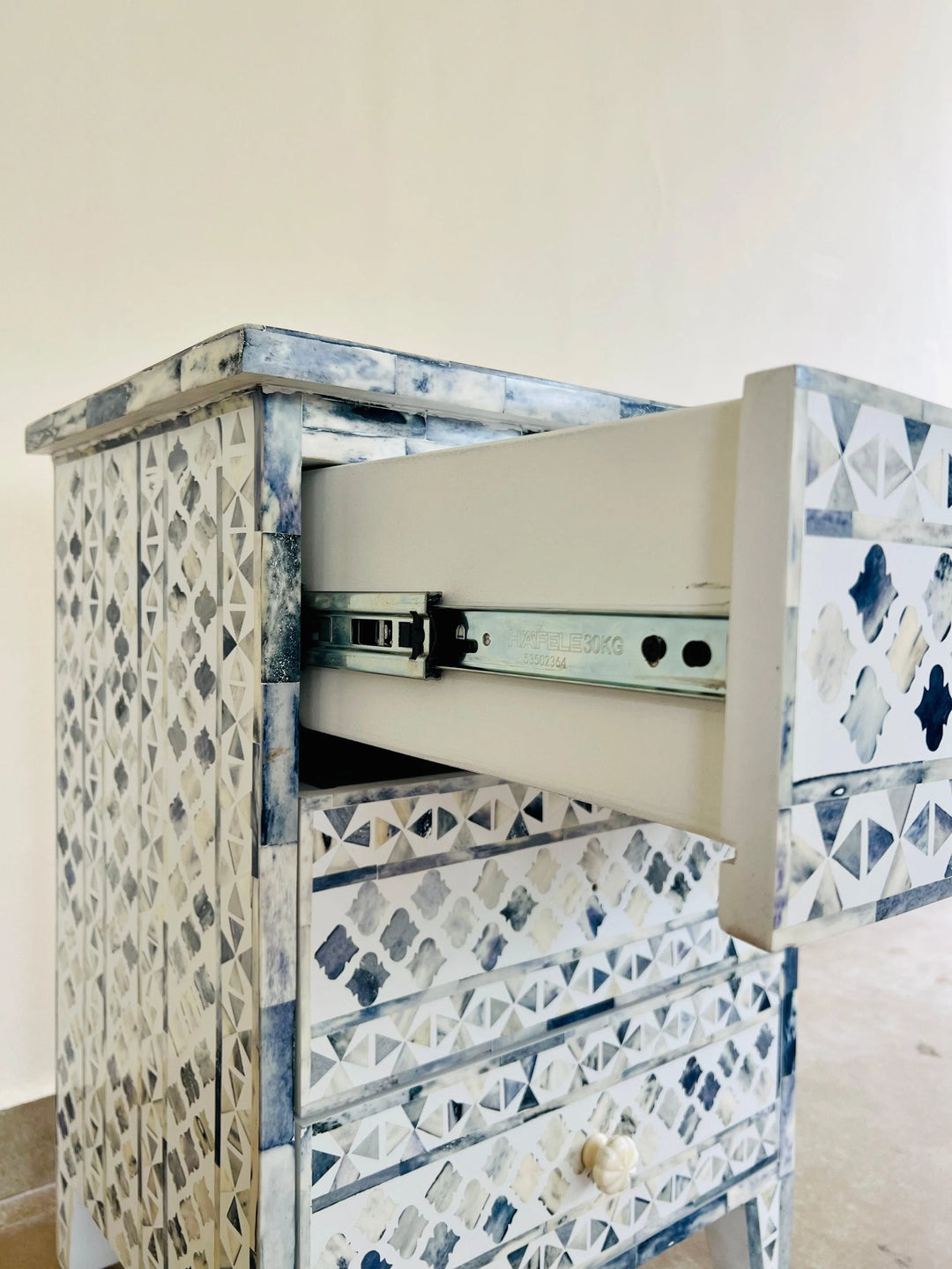 Azure Elegance: Bone Inlay Bedside Table - Jodha Furniture