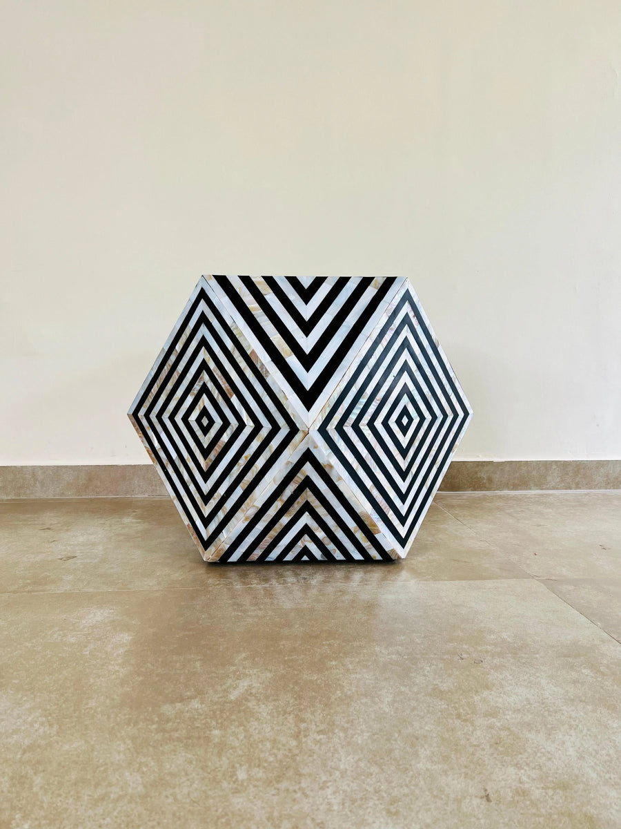 Black Diamond-Shaped Mother of Pearl End Table - Jodha Furniture