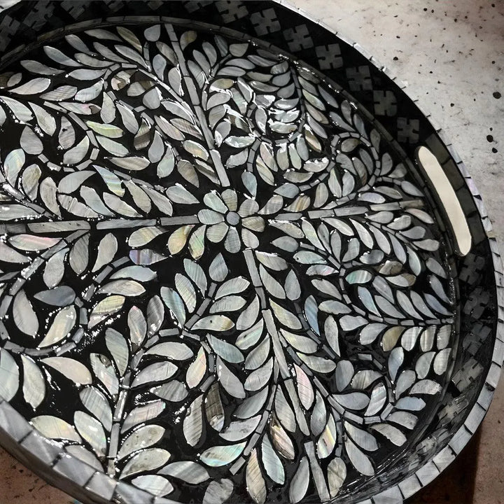 Black Floral Mother of Pearl Tray - Jodha Furniture