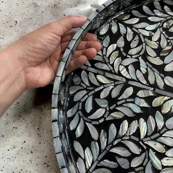 Black Floral Mother of Pearl Tray - Jodha Furniture