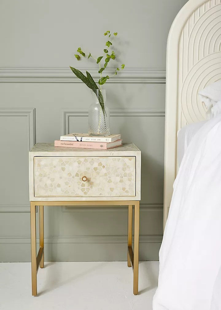 Bone Inlay 1 Drawer Bedside (with Metal Legs) : Celeste : White - Jodha Furniture