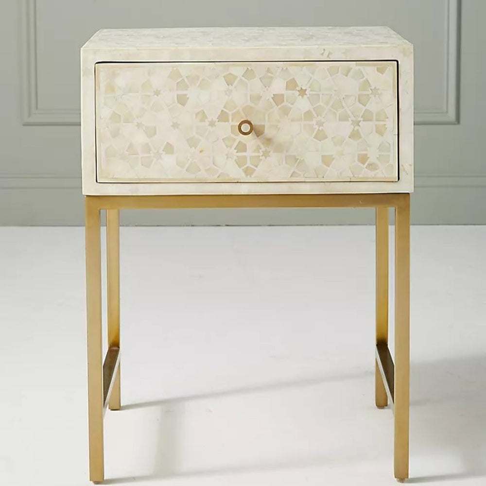 Bone Inlay 1 Drawer Bedside (with Metal Legs) : Celeste : White - Jodha Furniture