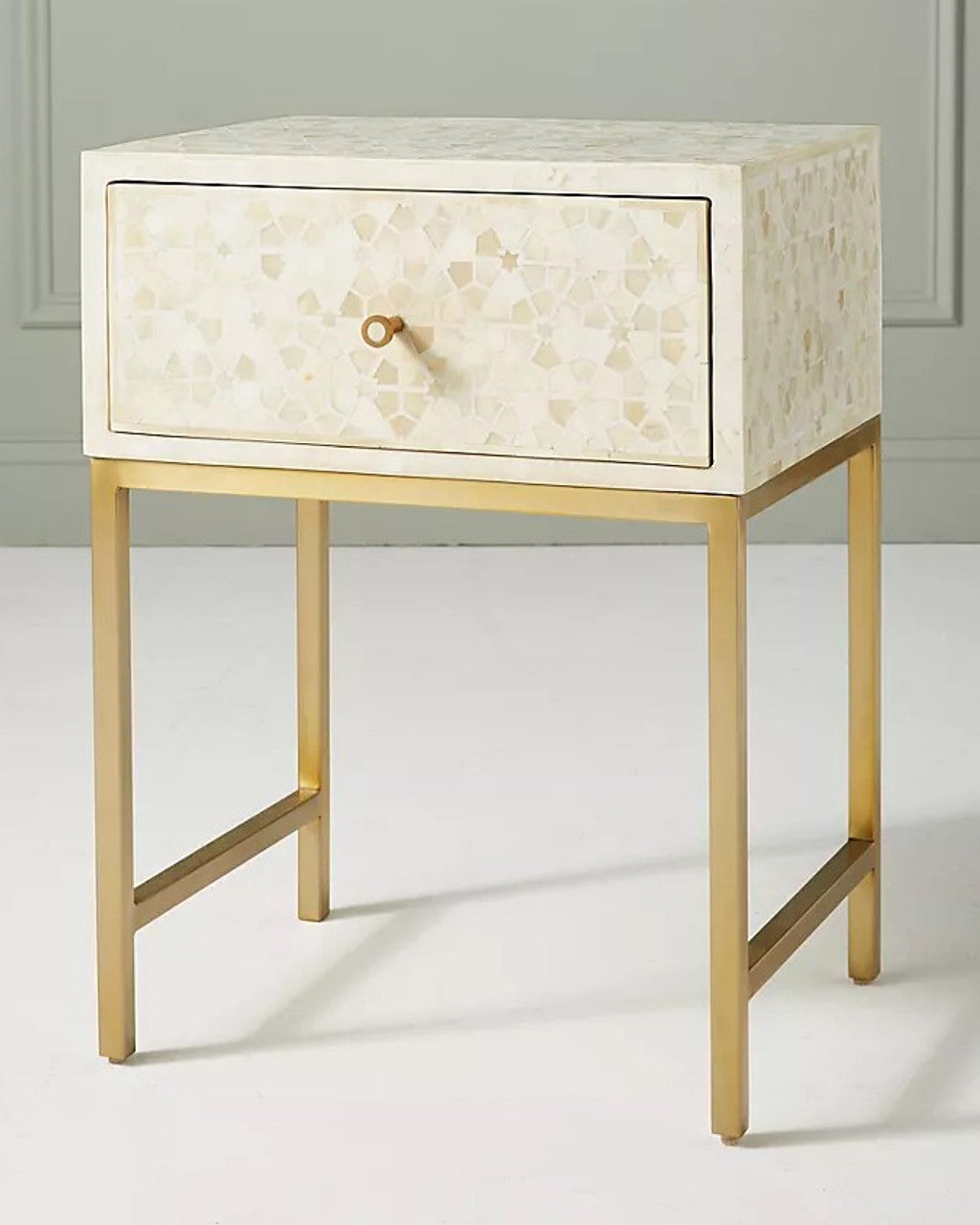 Bone Inlay 1 Drawer Bedside (with Metal Legs) : Celeste : White - Jodha Furniture