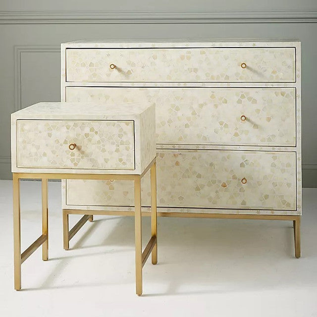 Bone Inlay 1 Drawer Bedside (with Metal Legs) : Celeste : White - Jodha Furniture