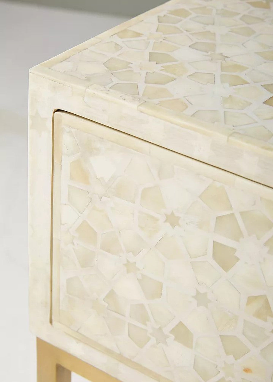 Bone Inlay 1 Drawer Bedside (with Metal Legs) : Celeste : White - Jodha Furniture