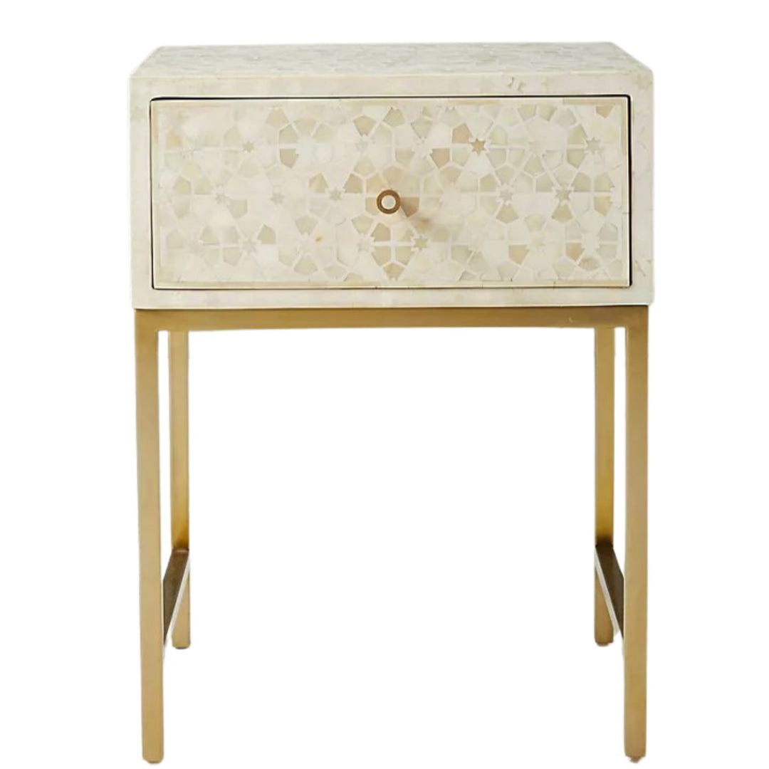 Bone Inlay 1 Drawer Bedside (with Metal Legs) : Celeste : White - Jodha Furniture