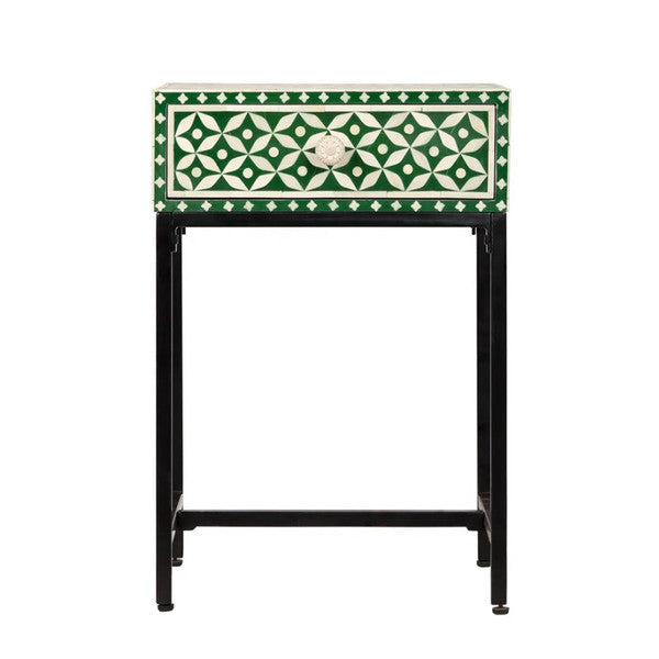 Bone Inlay 1 Drawer Bedside (with Metal Legs) : Starburst : Green - Jodha Furniture