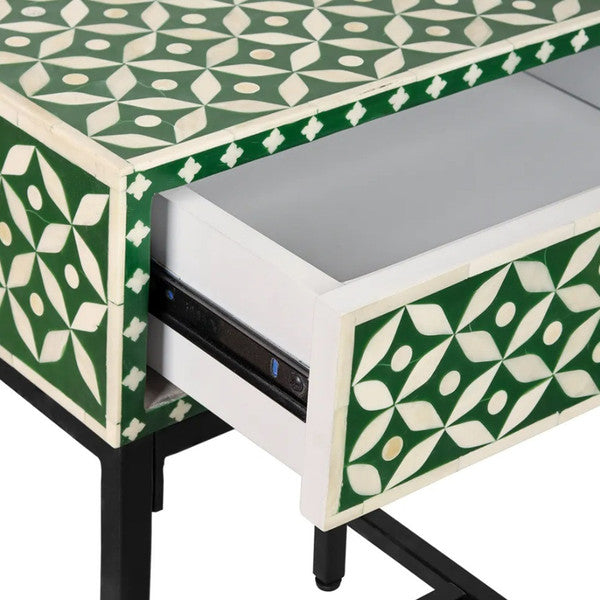 Bone Inlay 1 Drawer Bedside (with Metal Legs) : Starburst : Green - Jodha Furniture