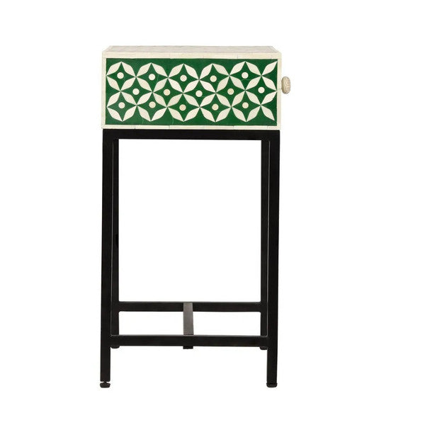 Bone Inlay 1 Drawer Bedside (with Metal Legs) : Starburst : Green - Jodha Furniture