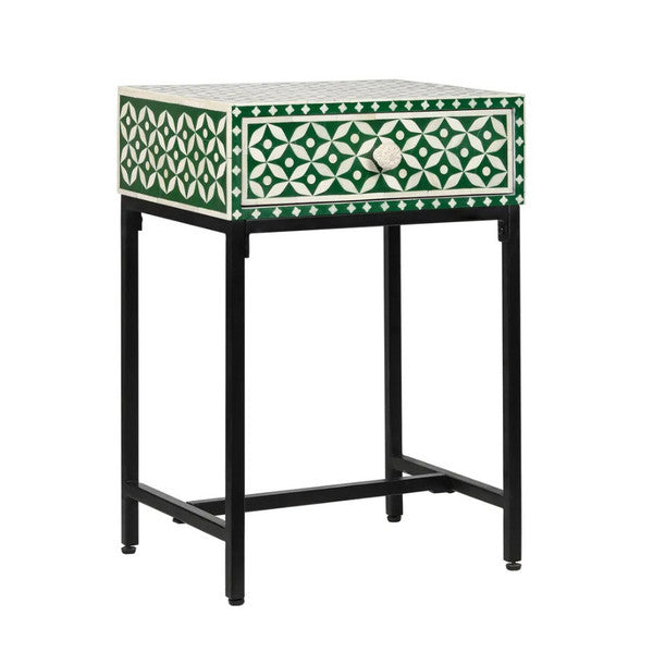 Bone Inlay 1 Drawer Bedside (with Metal Legs) : Starburst : Green - Jodha Furniture