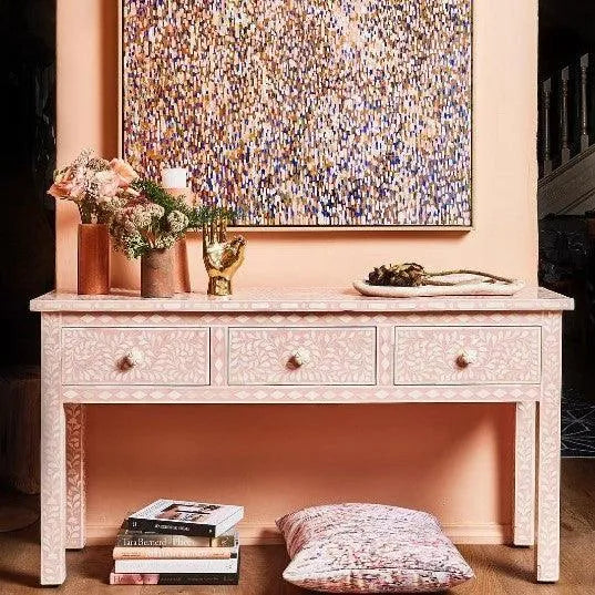 Bone Inlay 3 Drawer Console in Floral/Blush - Jodha Furniture