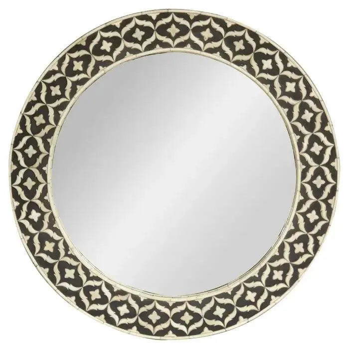 Bone Inlay Black and White Round Wall Mirror with Floral Motifs - Jodha Furniture