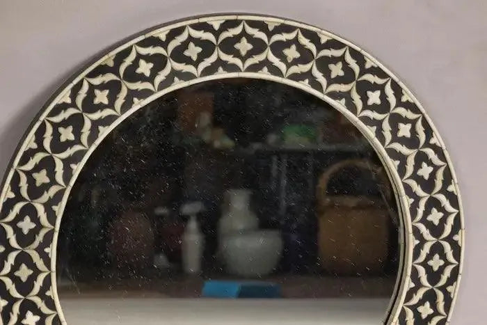 Bone Inlay Black and White Round Wall Mirror with Floral Motifs - Jodha Furniture