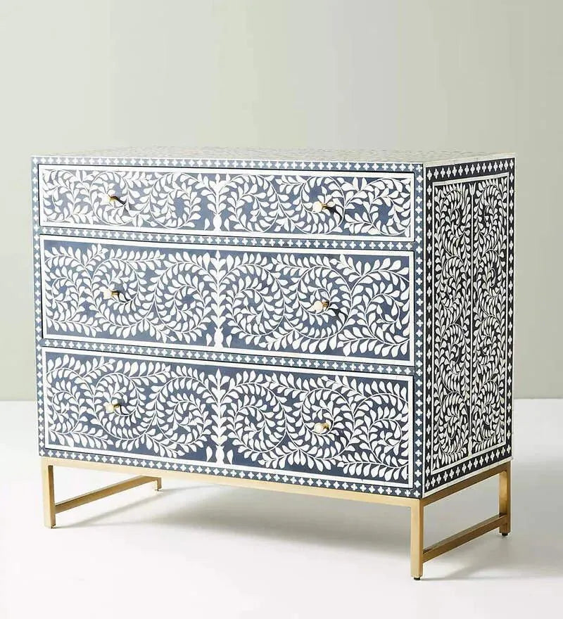 Bone Inlay Chest of Drawer In Indigo Finish - Jodha Furniture