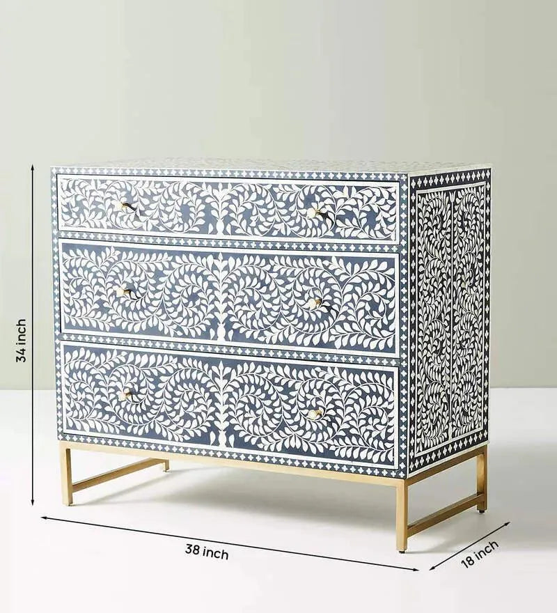 Bone Inlay Chest of Drawer In Indigo Finish - Jodha Furniture