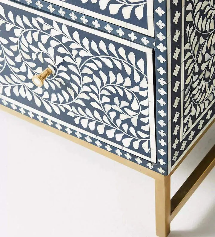 Bone Inlay Chest of Drawer In Indigo Finish - Jodha Furniture