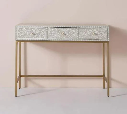 Bone Inlay Console Table with Brass Look Legs - Jodha Furniture