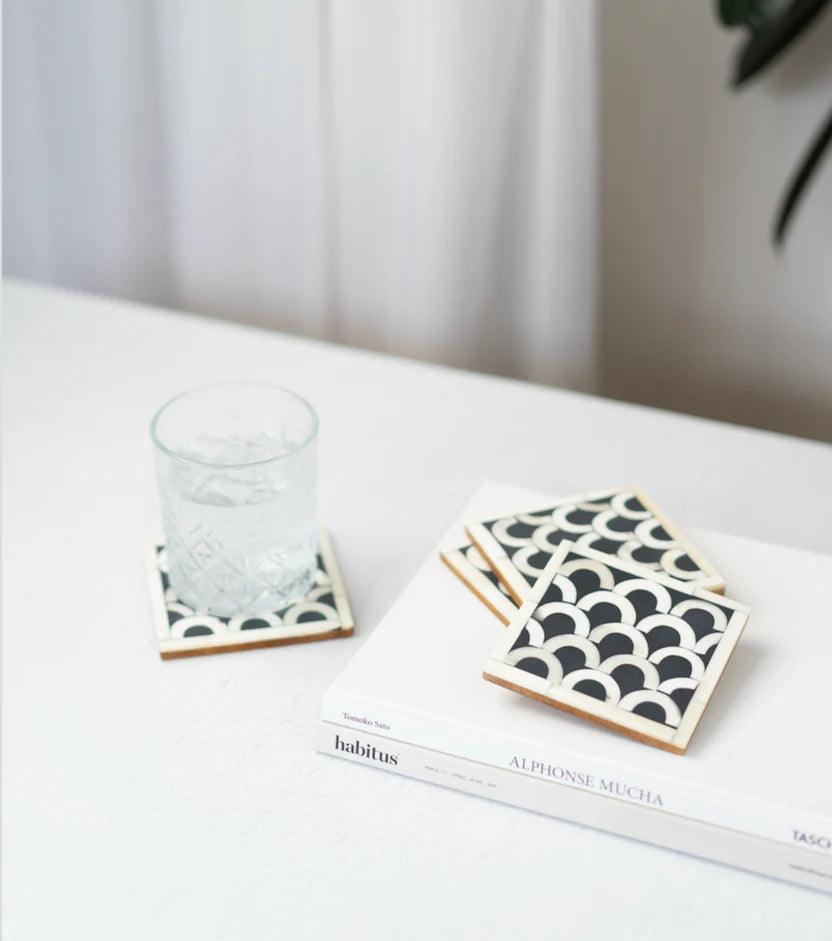 Bone Inlay Fishscale Coasters Set White & Black - Jodha Furniture