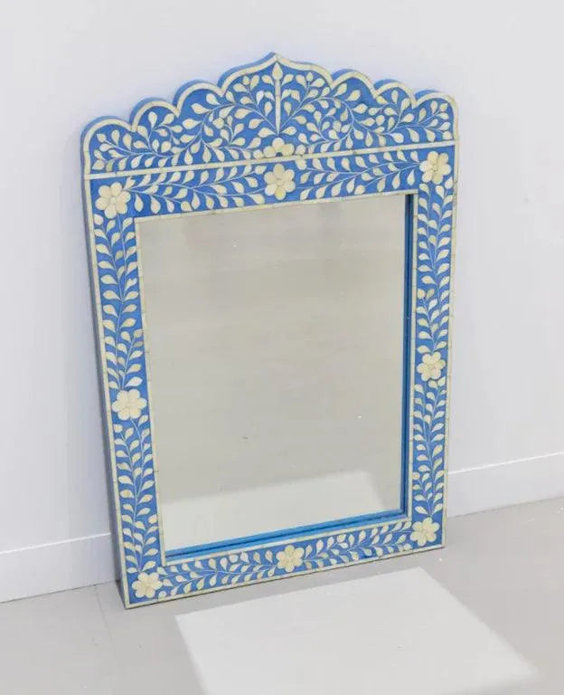 Bone Inlay Floral Crested Wall Mirror - Blue - Jodha Furniture