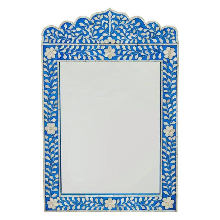 Bone Inlay Floral Crested Wall Mirror - Blue - Jodha Furniture