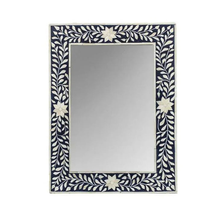 Bone Inlay Floral Rectangle Wall Mirror - Black - Jodha Furniture