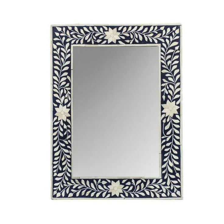 Bone Inlay Floral Rectangle Wall Mirror - Black - Jodha Furniture