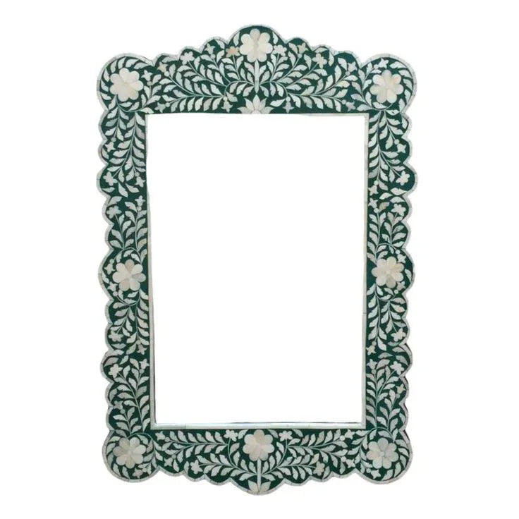 Bone Inlay Floral Wall Mirror - Emerald Green - Jodha Furniture