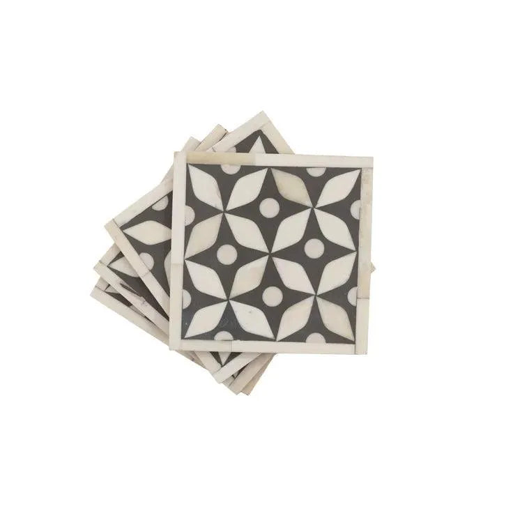 Bone Inlay Geometric Charcoal Coasters Set - Jodha Furniture