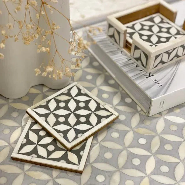 Bone Inlay Geometric Charcoal Coasters Set - Jodha Furniture