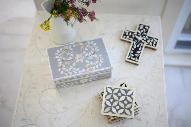 Bone Inlay Geometric Charcoal Coasters Set - Jodha Furniture