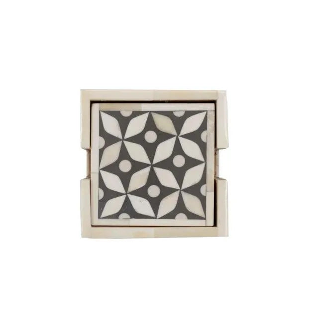 Bone Inlay Geometric Charcoal Coasters Set - Jodha Furniture