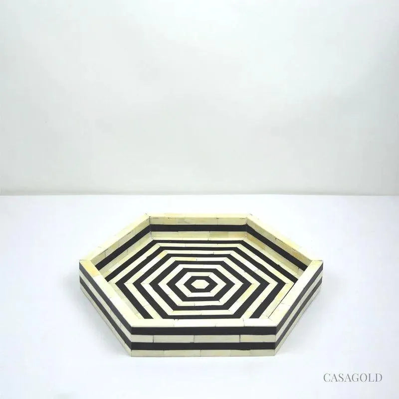 BONE INLAY HEXAGON TRAY - BLACK - Jodha Furniture