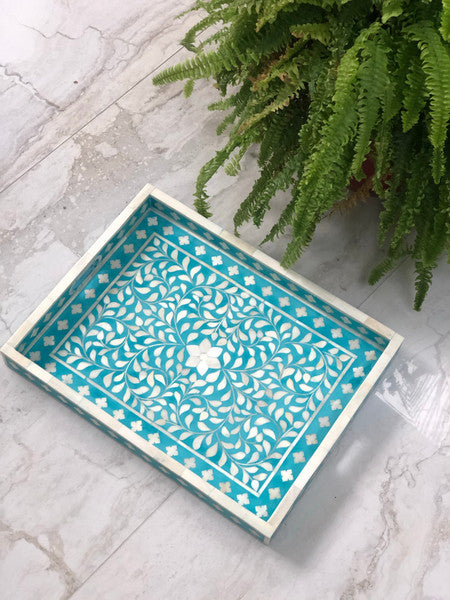 Bone Inlay Rectangular Tray : Floral: Turquoise - Jodha Furniture