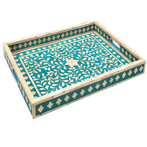 Bone Inlay Rectangular Tray : Floral: Turquoise - Jodha Furniture