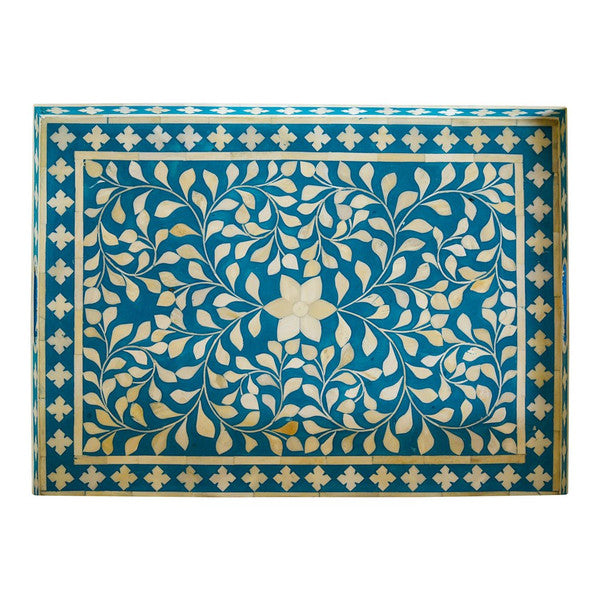 Bone Inlay Rectangular Tray : Floral: Turquoise - Jodha Furniture