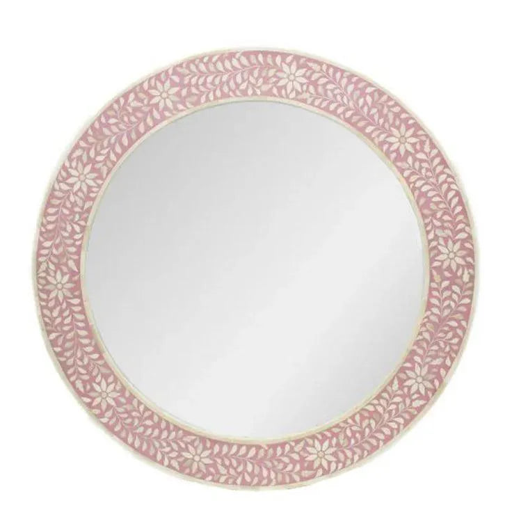 Bone Inlay Round Wall Mirror Floral - Pink - Jodha Furniture