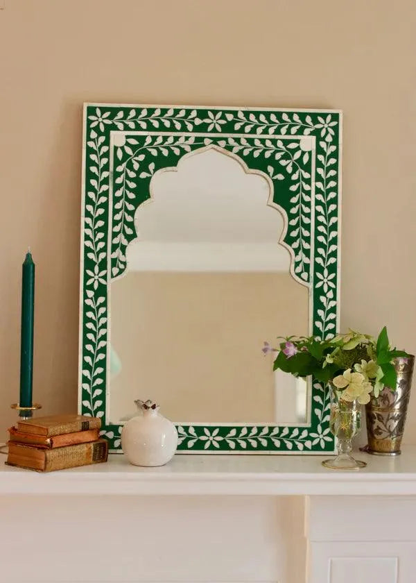 Bone Inlay Wall Mirror - Green - Jodha Furniture