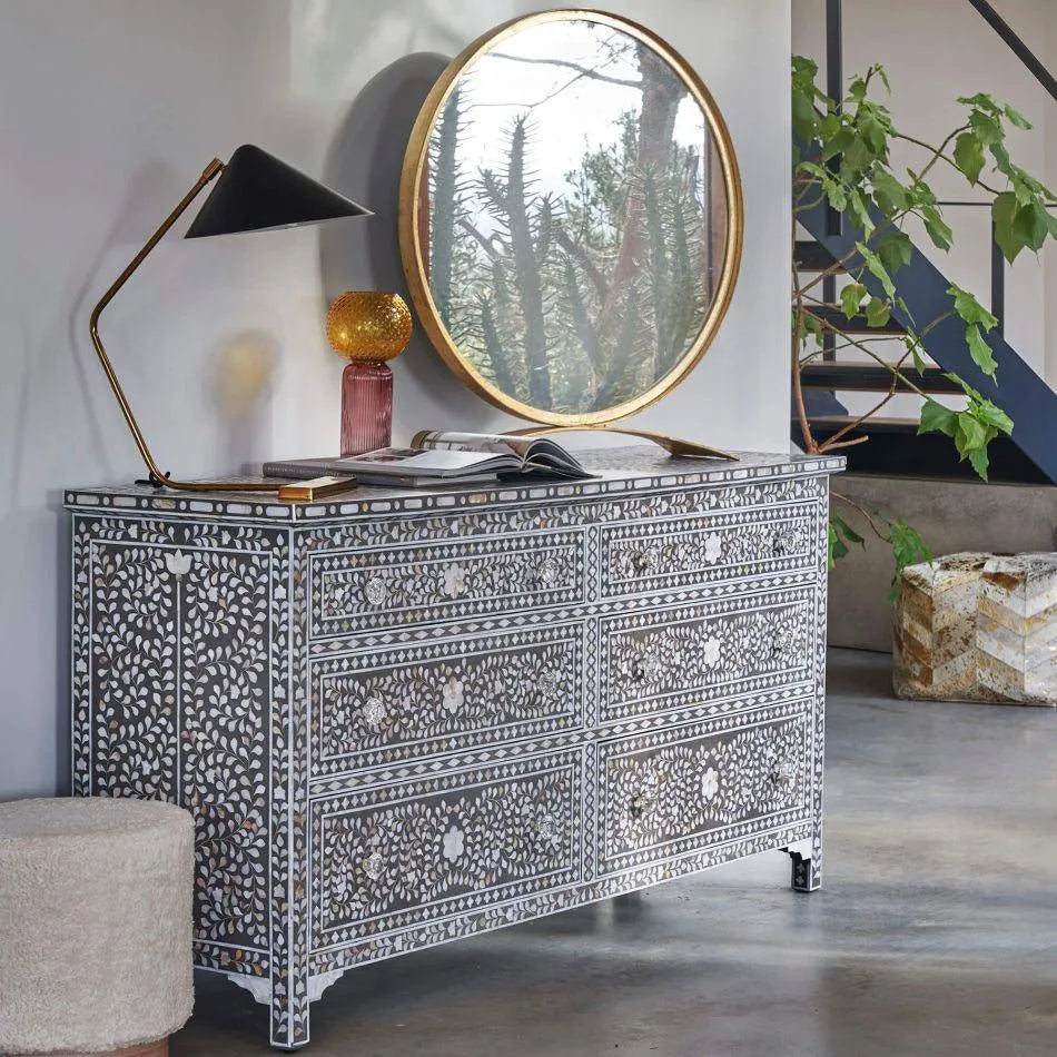 Classic Grey Mother of Pearl Double Chest of Drawers - Jodha Furniture