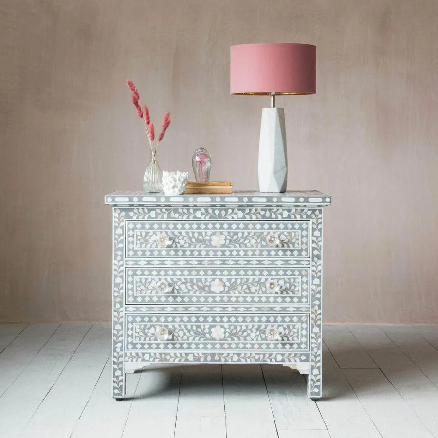 Classic Grey Mother of Pearl Large Bedside Table - Jodha Furniture